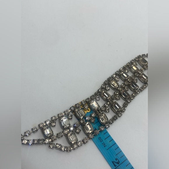 Vtg Rhinestone Double Row Silver Tone Metal Bib Necklace w Hook Clasp / 11” - Picture 8 of 10